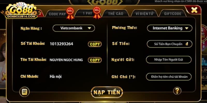 Liên kết ví điện tử online để nạp tiền Go88